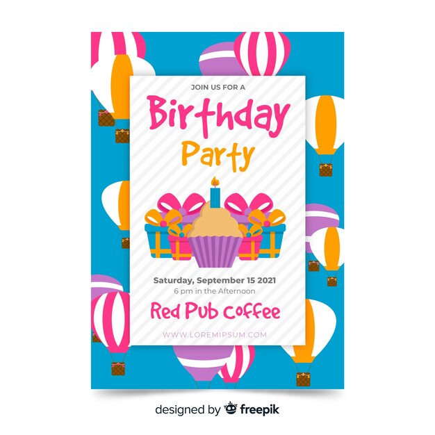 Plantilla de invitación de cumpleaños en estilo plano