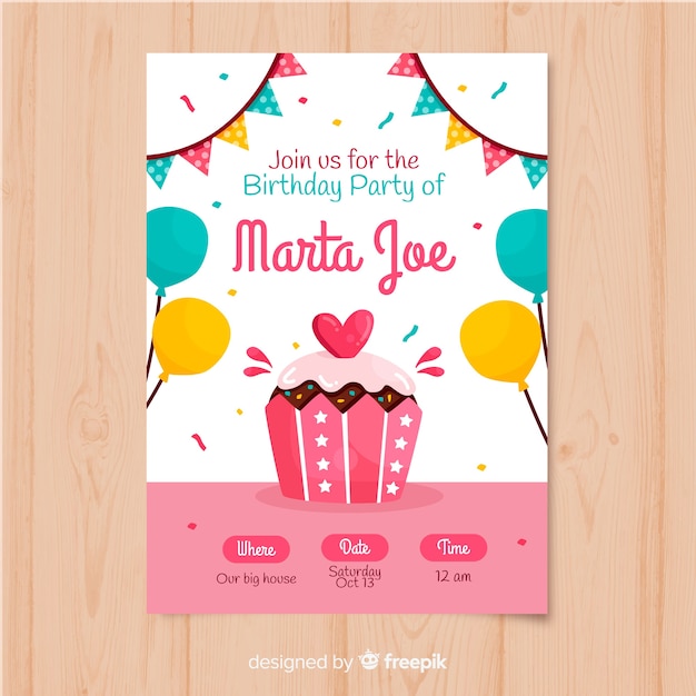 Plantilla de invitación de cumpleaños en estilo plano