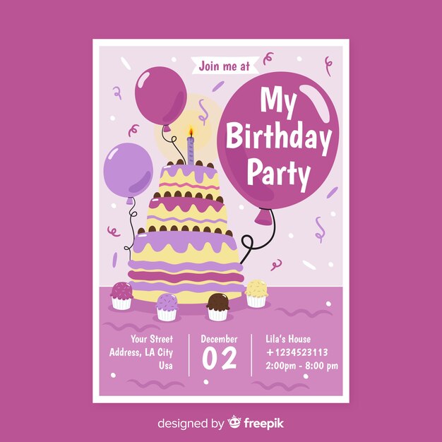 Plantilla de invitación de cumpleaños en estilo plano