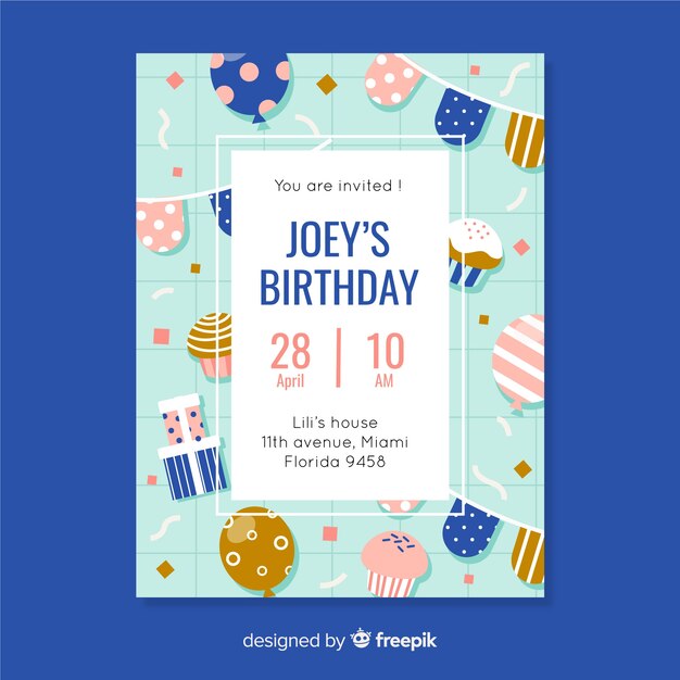 Plantilla de invitación de cumpleaños en estilo plano