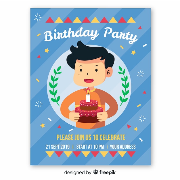 Plantilla de invitación de cumpleaños en estilo plano vector gratuito