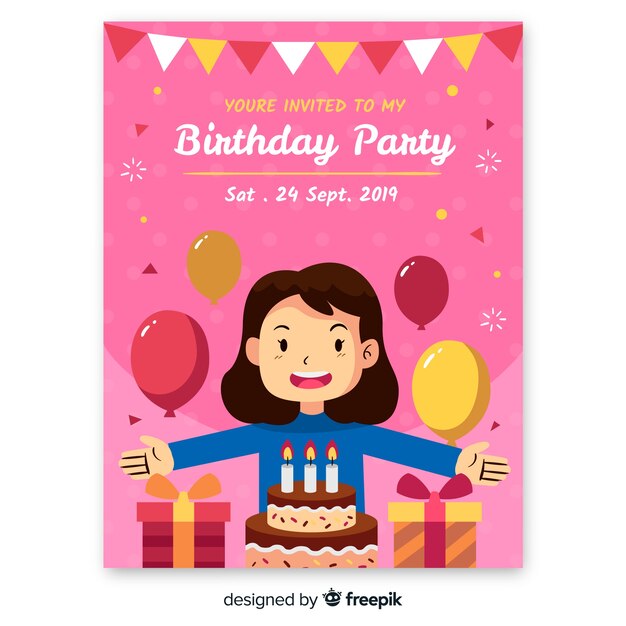 Plantilla de invitación de cumpleaños en estilo plano