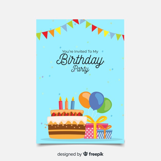 Plantilla de invitación de cumpleaños en estilo plano