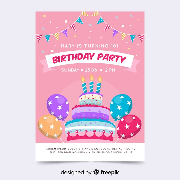 Vector gratuito plantilla de invitación de cumpleaños en estilo plano