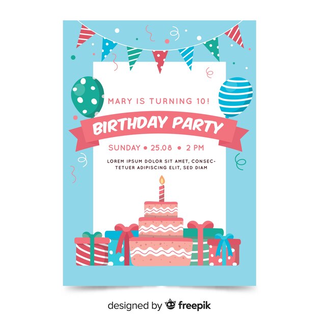 Plantilla de invitación de cumpleaños en estilo plano