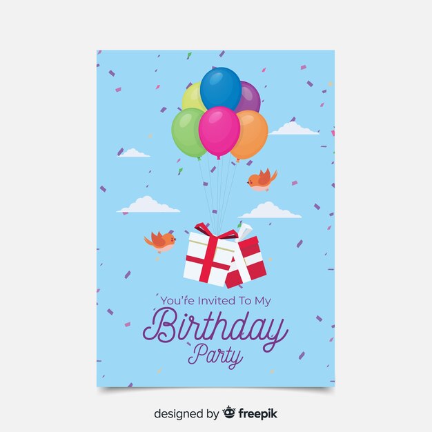 Plantilla de invitación de cumpleaños en estilo plano