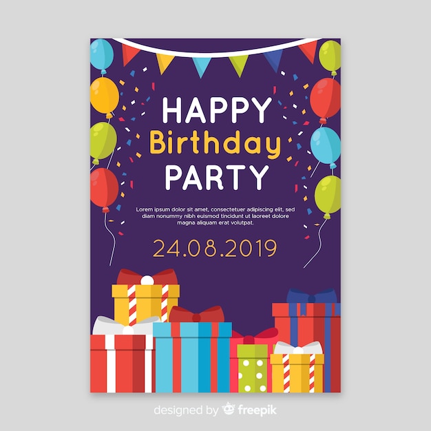 Plantilla de invitación de cumpleaños en estilo plano