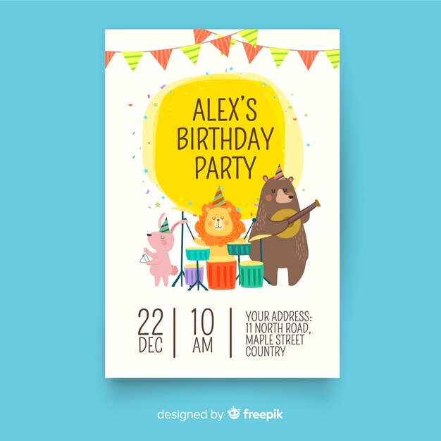 Plantilla de invitación de cumpleaños en estilo plano