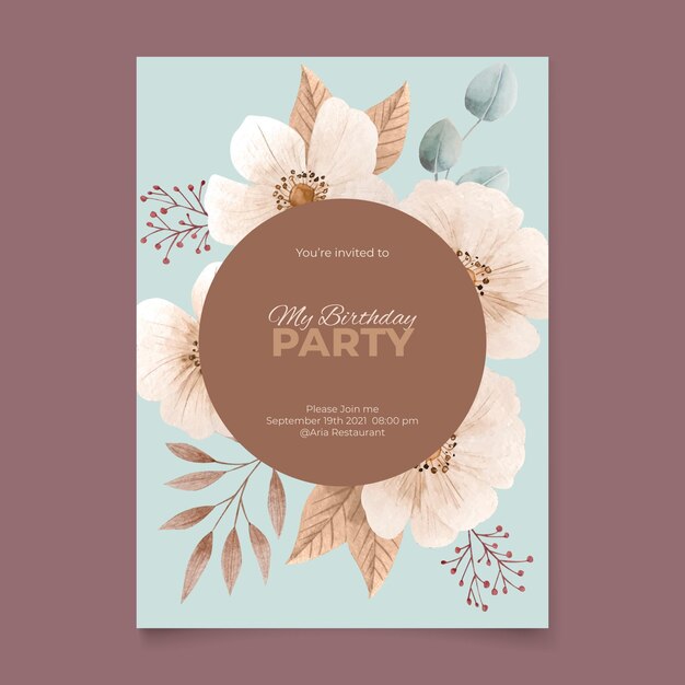 Plantilla de invitación de cumpleaños floral en acuarela