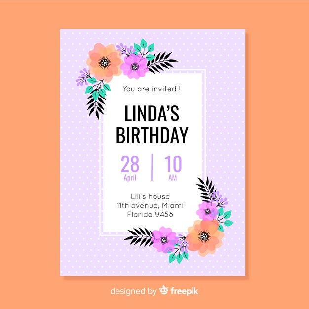 Plantilla de invitación de cumpleaños floral de diseño plano