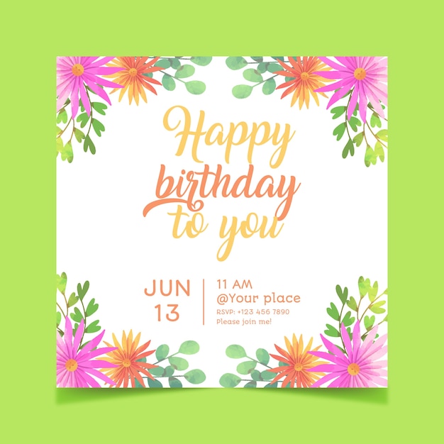 Vector gratuito plantilla de invitación de cumpleaños floral hermoso