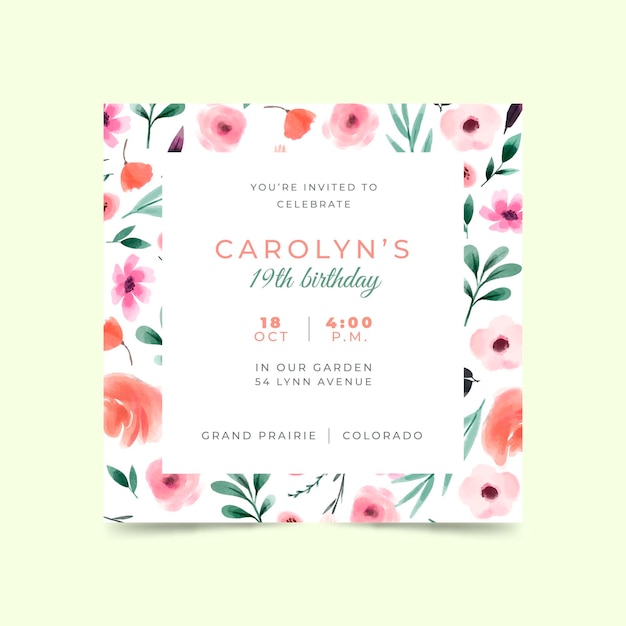 Plantilla de invitación de cumpleaños floral