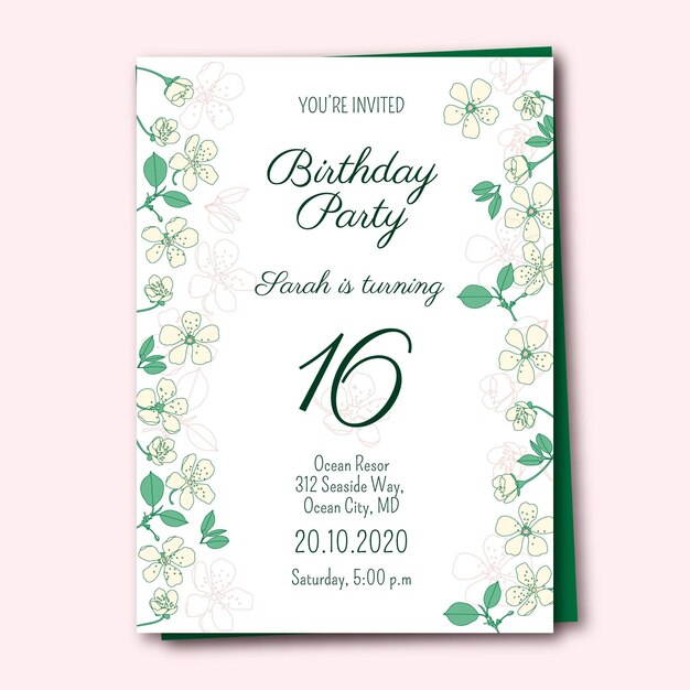 Plantilla de invitación de cumpleaños con flores