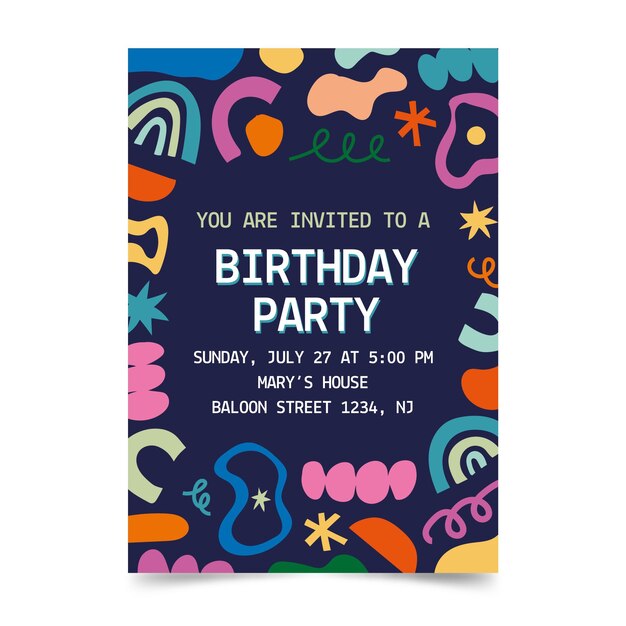 Plantilla de invitación de cumpleaños de formas abstractas dibujadas a mano