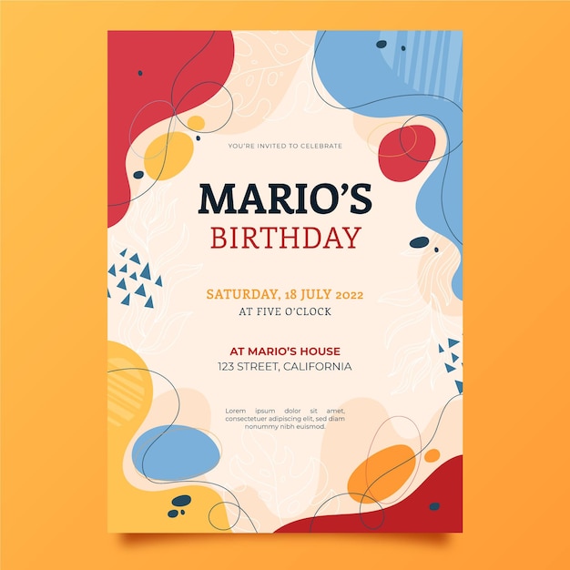 Vector gratuito plantilla de invitación de cumpleaños de formas abstractas dibujadas a mano