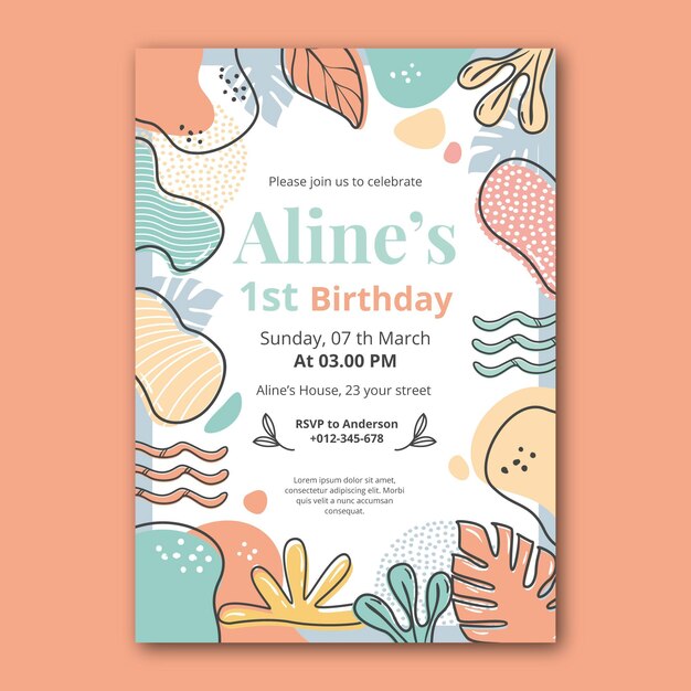 Plantilla de invitación de cumpleaños de formas abstractas dibujadas a mano