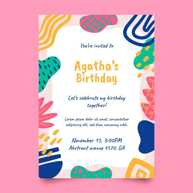 Plantilla de invitación de cumpleaños de formas abstractas dibujadas a mano