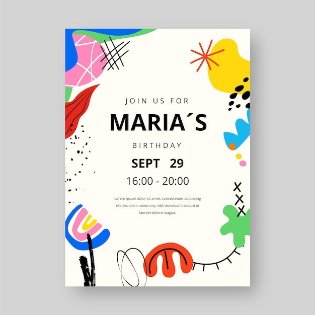 Vector gratuito plantilla de invitación de cumpleaños de formas abstractas dibujadas a mano