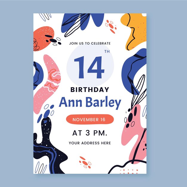 Plantilla de invitación de cumpleaños de formas abstractas dibujadas a mano