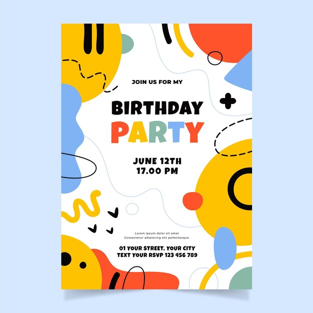 Plantilla de invitación de cumpleaños de formas abstractas dibujadas a mano