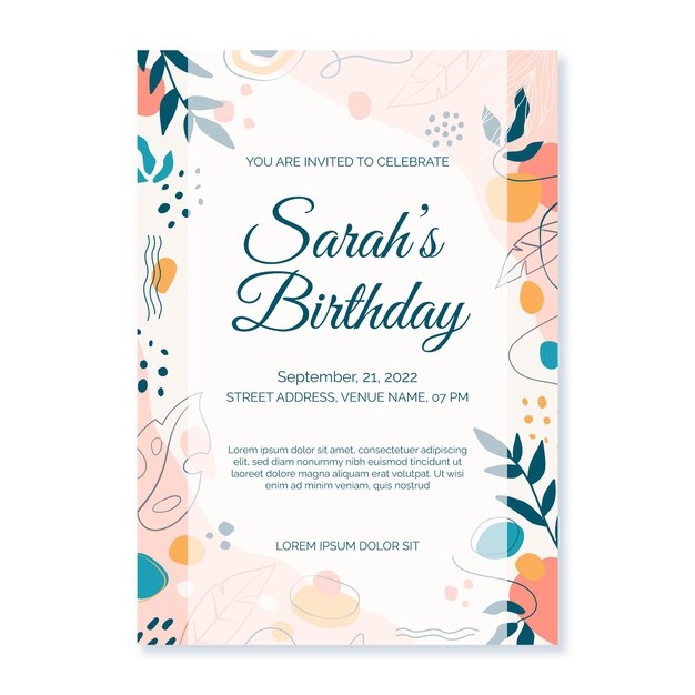 Plantilla de invitación de cumpleaños de formas abstractas de diseño plano