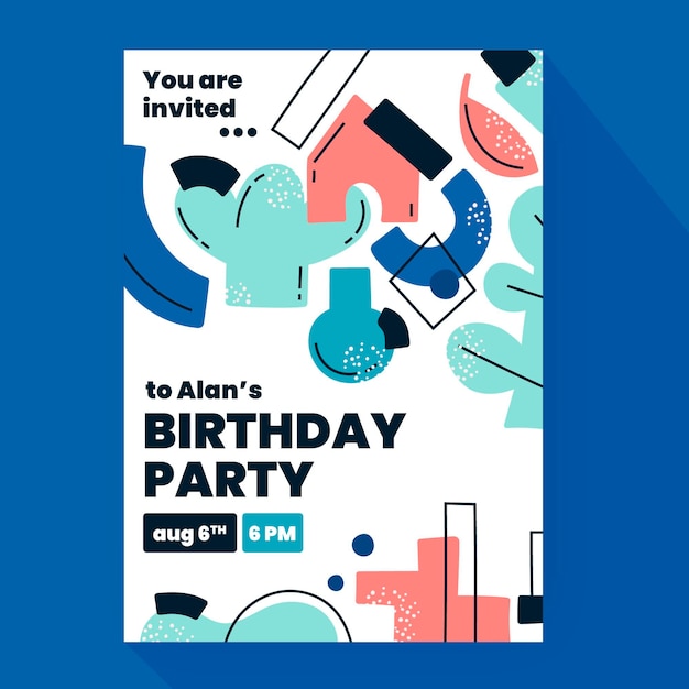 Vector gratuito plantilla de invitación de cumpleaños de formas abstractas planas dibujadas a mano