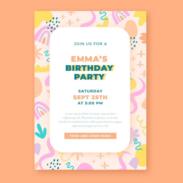 Plantilla de invitación de cumpleaños de formas abstractas planas dibujadas a mano