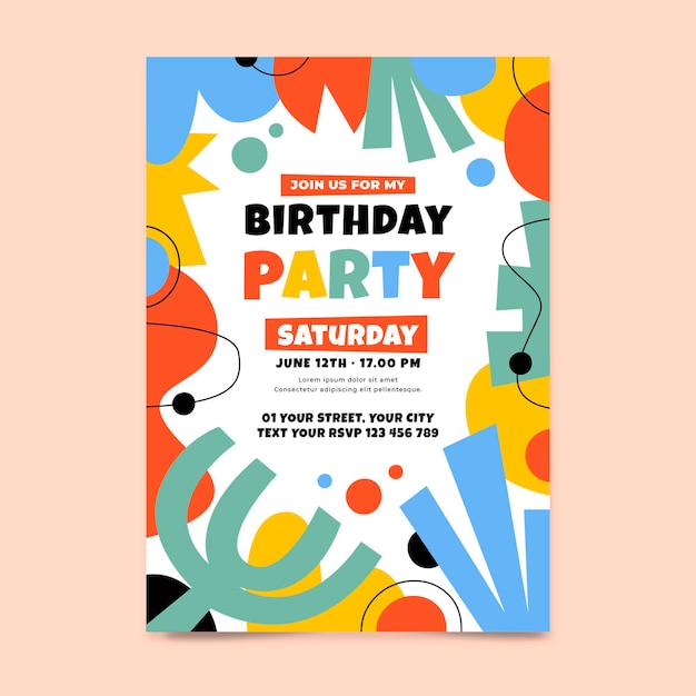 Plantilla de invitación de cumpleaños de formas abstractas planas dibujadas a mano