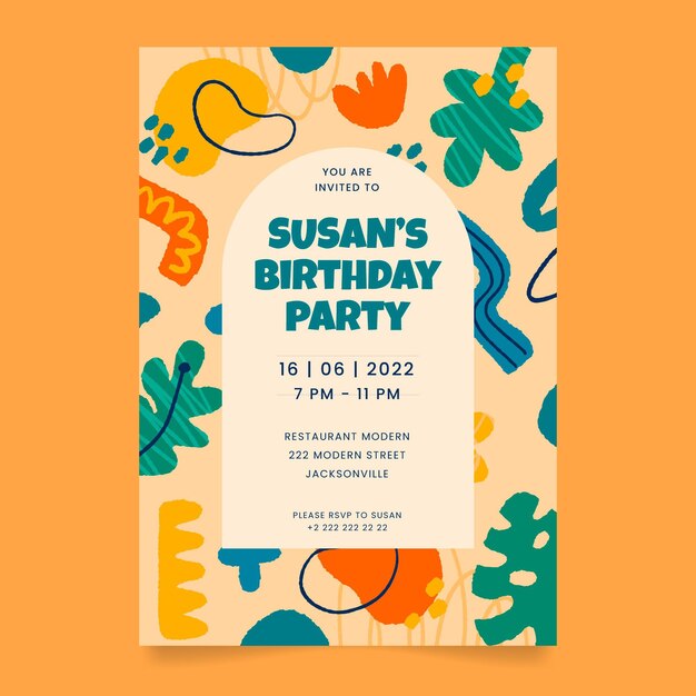 Plantilla de invitación de cumpleaños de formas abstractas planas dibujadas a mano