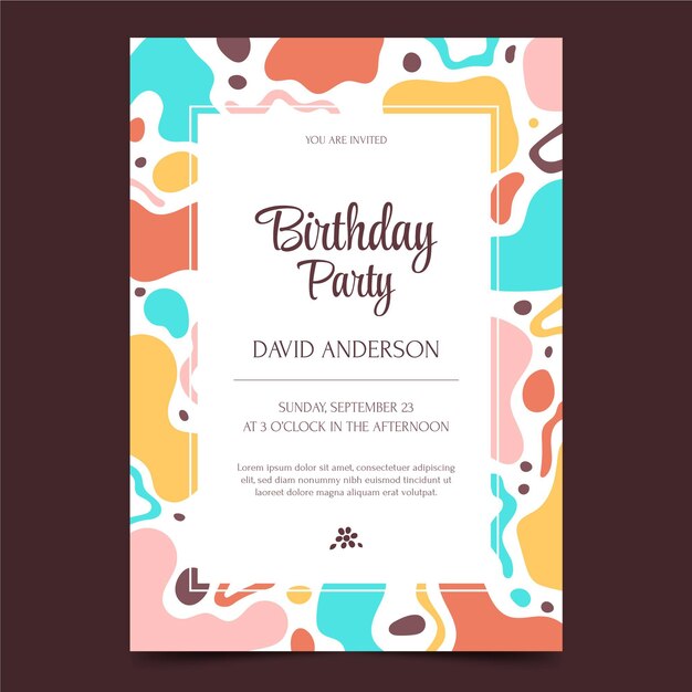 Plantilla de invitación de cumpleaños de formas abstractas planas dibujadas a mano