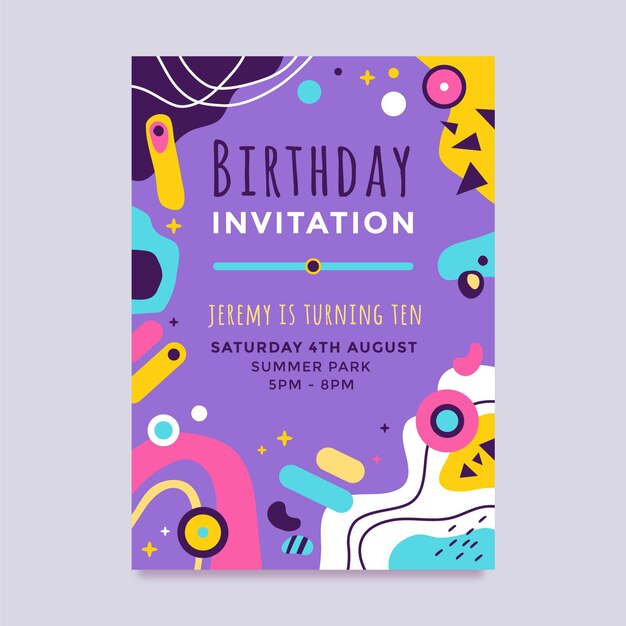 Plantilla de invitación de cumpleaños de formas abstractas planas dibujadas a mano