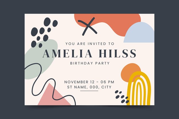 Plantilla de invitación de cumpleaños de formas abstractas planas dibujadas a mano