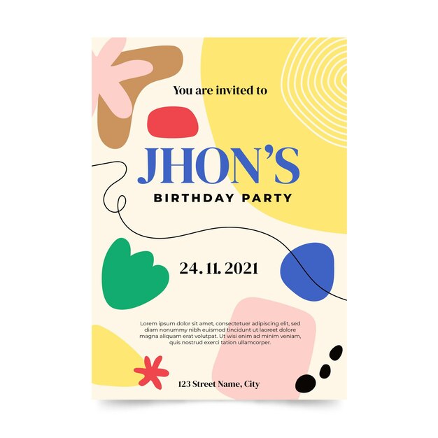 Plantilla de invitación de cumpleaños de formas abstractas planas dibujadas a mano