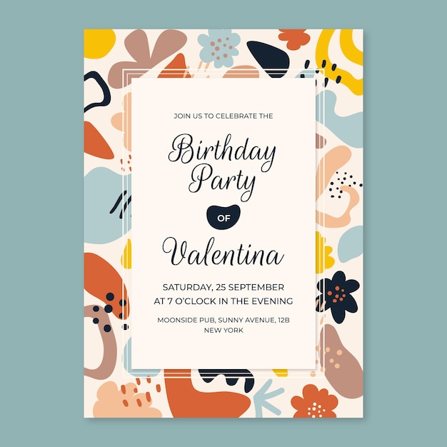 Plantilla de invitación de cumpleaños de formas abstractas planas dibujadas a mano