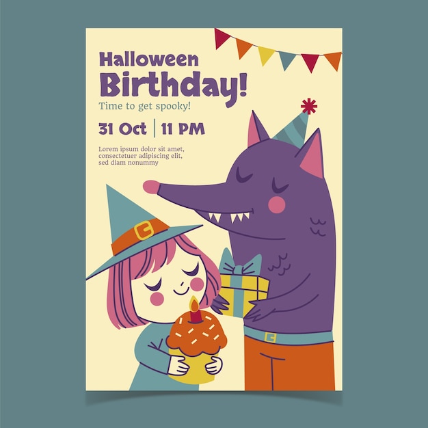 Vector gratuito plantilla de invitación de cumpleaños de halloween dibujada a mano