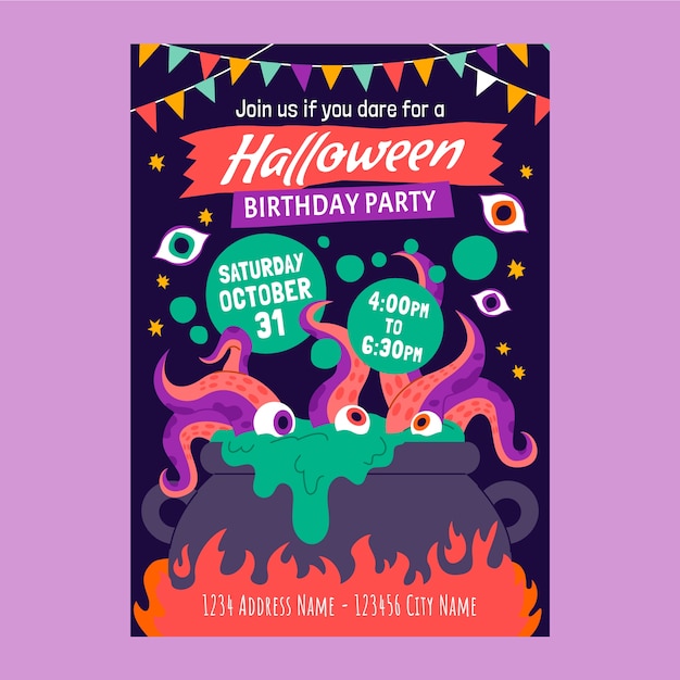 Vector gratuito plantilla de invitación de cumpleaños de halloween plana