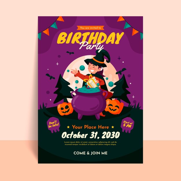 Plantilla de invitación de cumpleaños de halloween plana