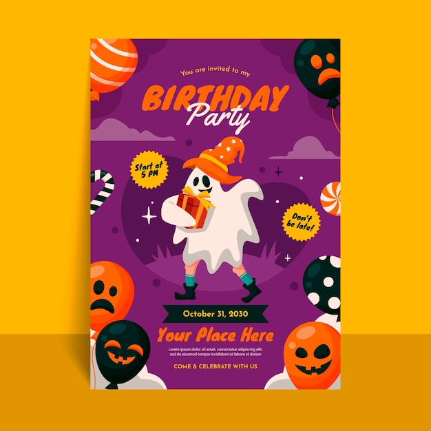 Vector gratuito plantilla de invitación de cumpleaños de halloween plana