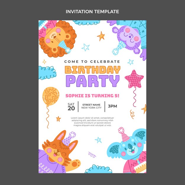Plantilla de invitación de cumpleaños infantil dibujada a mano