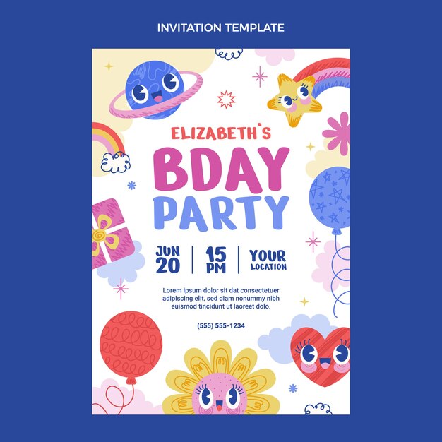 Plantilla de invitación de cumpleaños infantil dibujada a mano