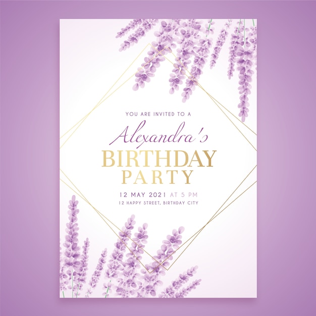 Vector gratuito plantilla de invitación de cumpleaños con lavanda