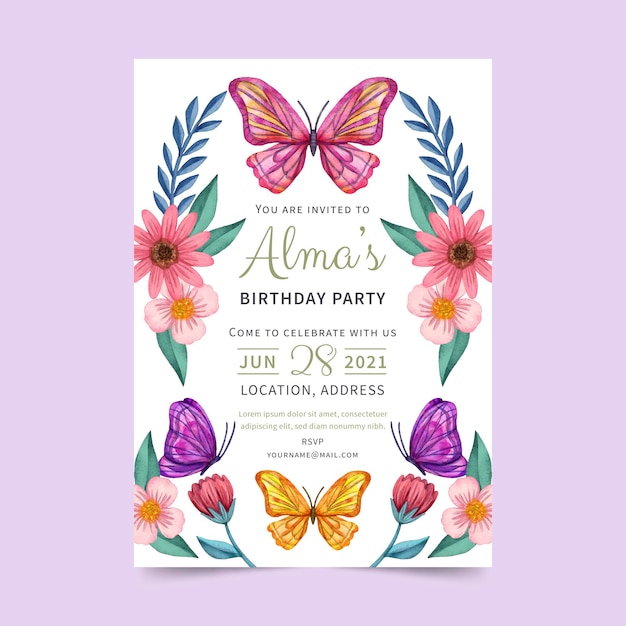 Plantilla de invitación de cumpleaños de mariposa de acuarela pintada a mano