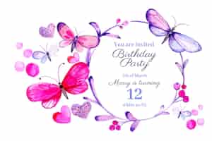 Vector gratuito plantilla de invitación de cumpleaños de mariposa de acuarela pintada a mano