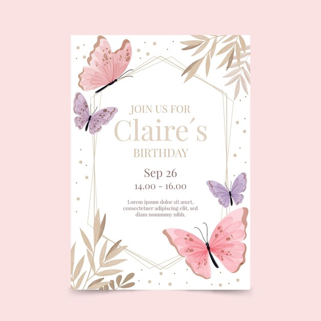 Plantilla de invitación de cumpleaños de mariposa de acuarela pintada a mano