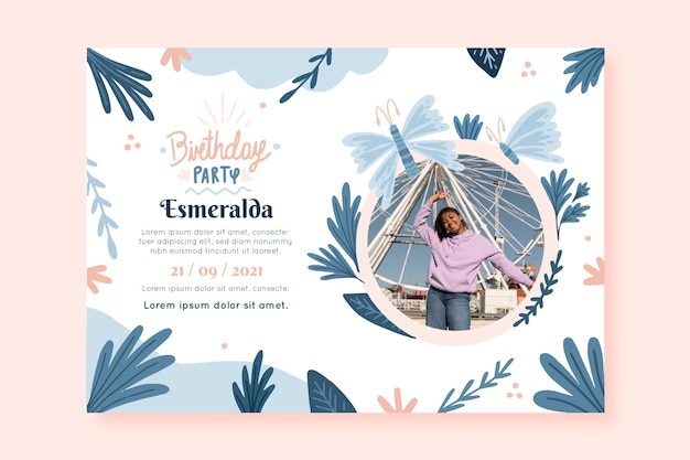 Plantilla de invitación de cumpleaños de mariposa dibujada a mano con foto