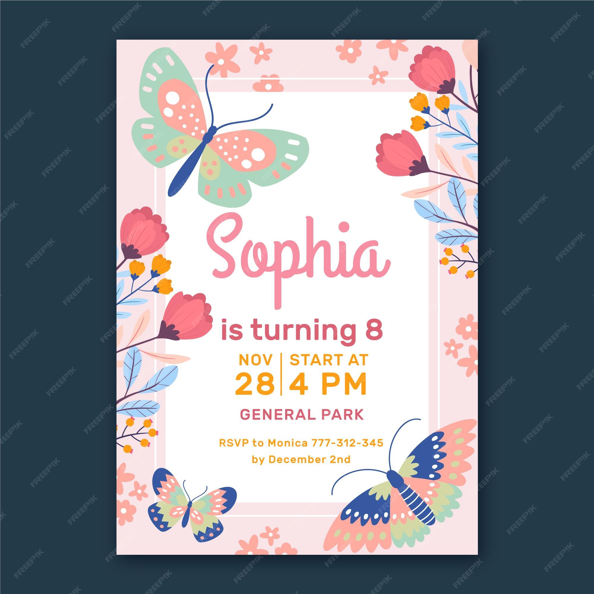 Plantilla de invitación de cumpleaños de mariposa plana | Vector Gratis