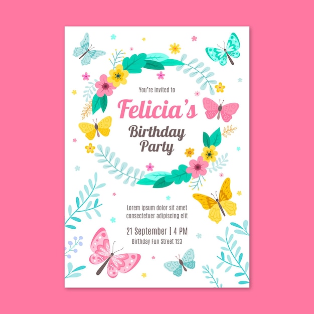 Plantilla de invitación de cumpleaños de mariposa