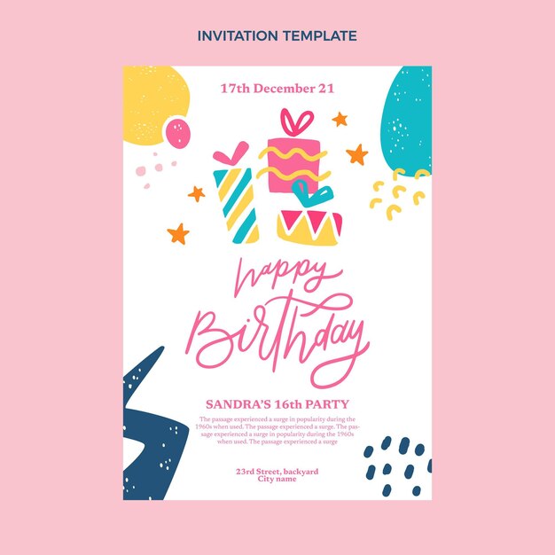 Plantilla de invitación de cumpleaños mínima de diseño plano