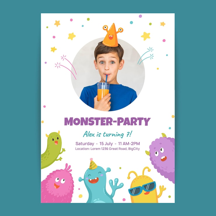 Vector gratuito plantilla de invitación de cumpleaños de monstruo dibujado a mano con foto