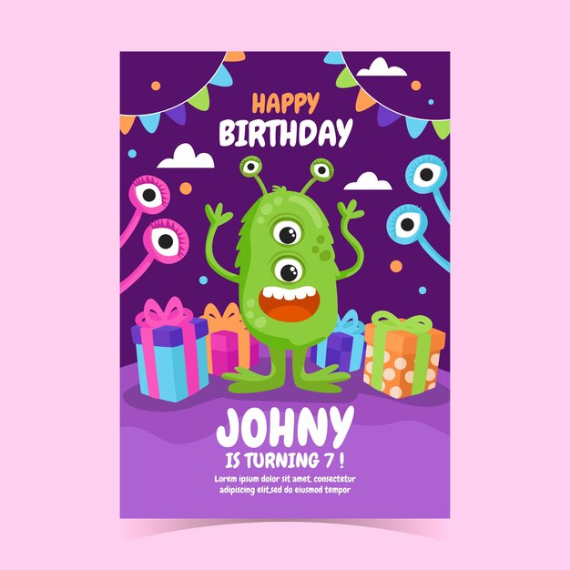 Plantilla de invitación de cumpleaños de monstruo dibujado a mano